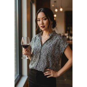 Alexander Jordan Rayon Animal Print Blouse Button Down Blk White Business Casual